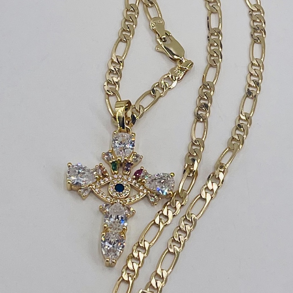 Cruz Ojo Protector colla Cristal Oro Laminado Italiano 18k/gold Plated Eye Cross